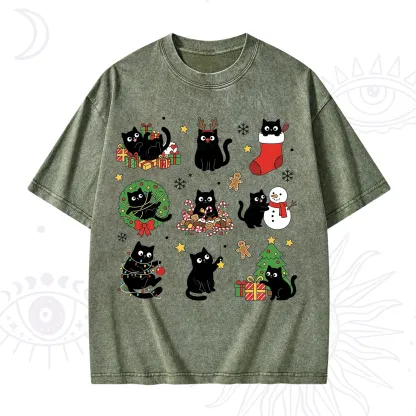 Purplehecate Christmas Black Cat Washed T-Shirt