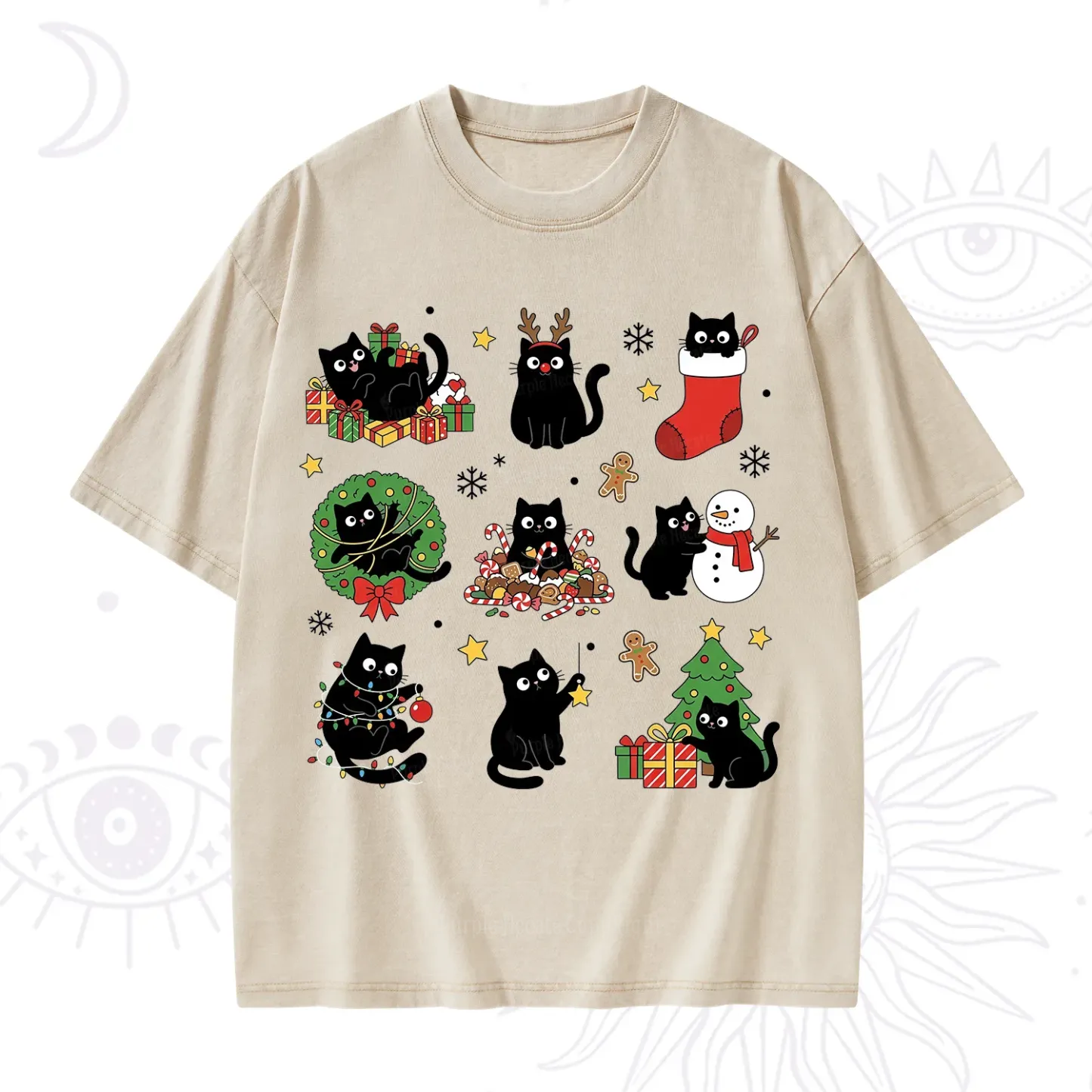 Purplehecate Christmas Black Cat Washed T-Shirt