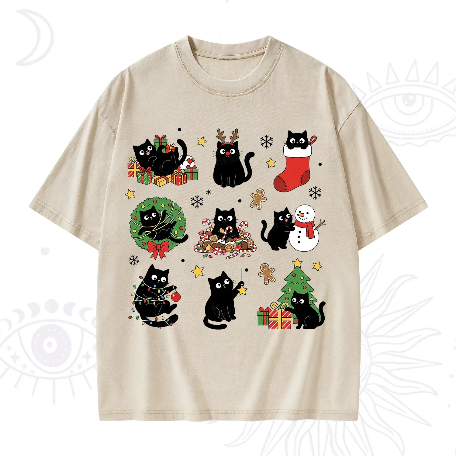 Purplehecate Christmas Black Cat Washed T-Shirt