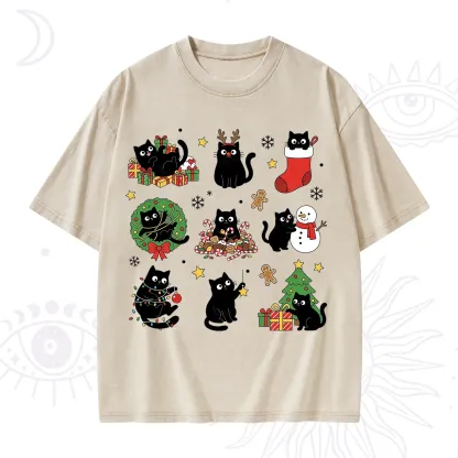 Purplehecate Christmas Black Cat Washed T-Shirt