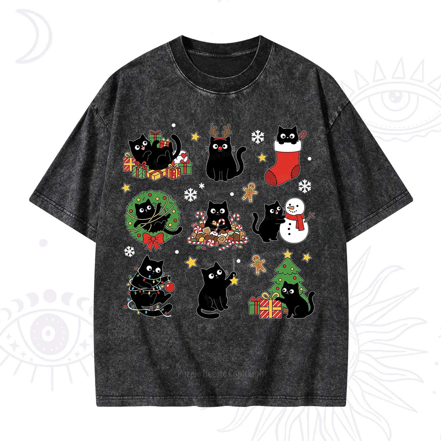 Purplehecate Christmas Black Cat Washed T-Shirt