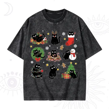 Purplehecate Christmas Black Cat Washed T-Shirt