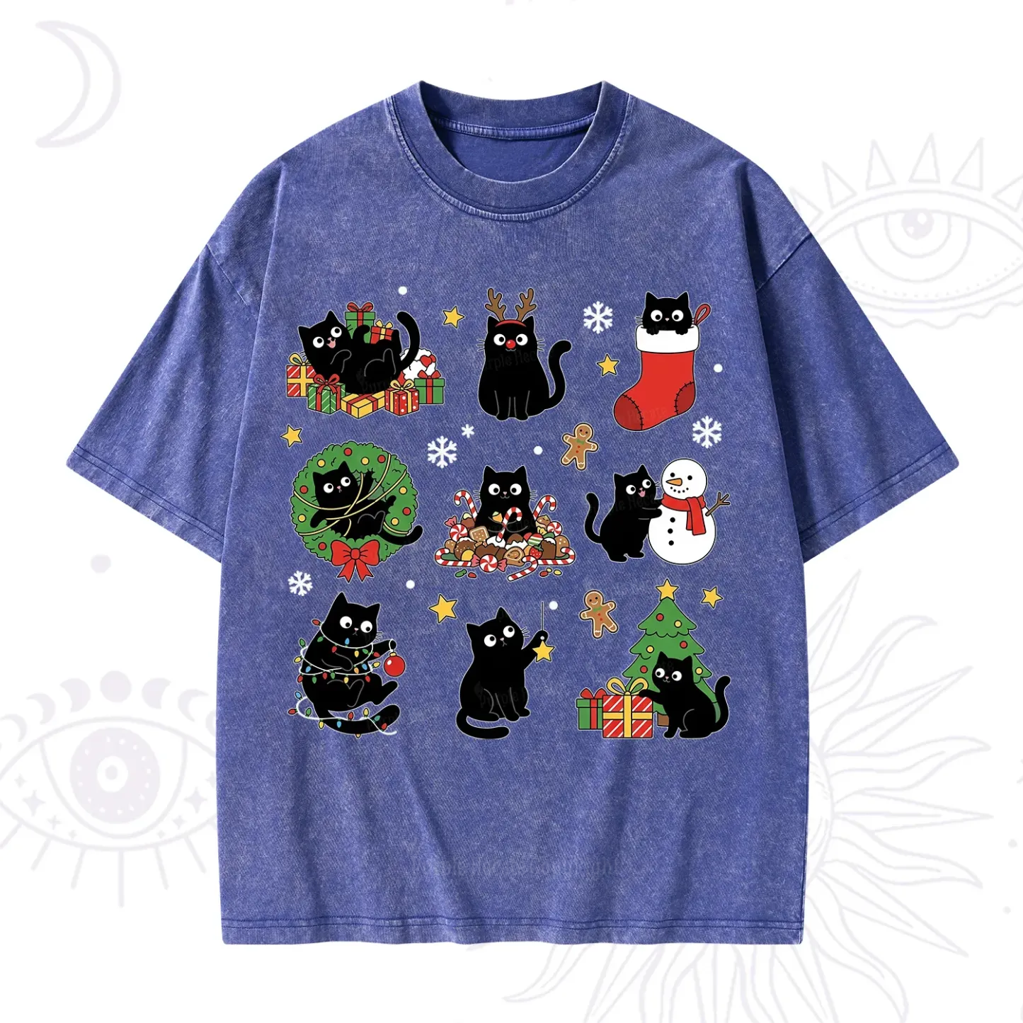 Purplehecate Christmas Black Cat Washed T-Shirt