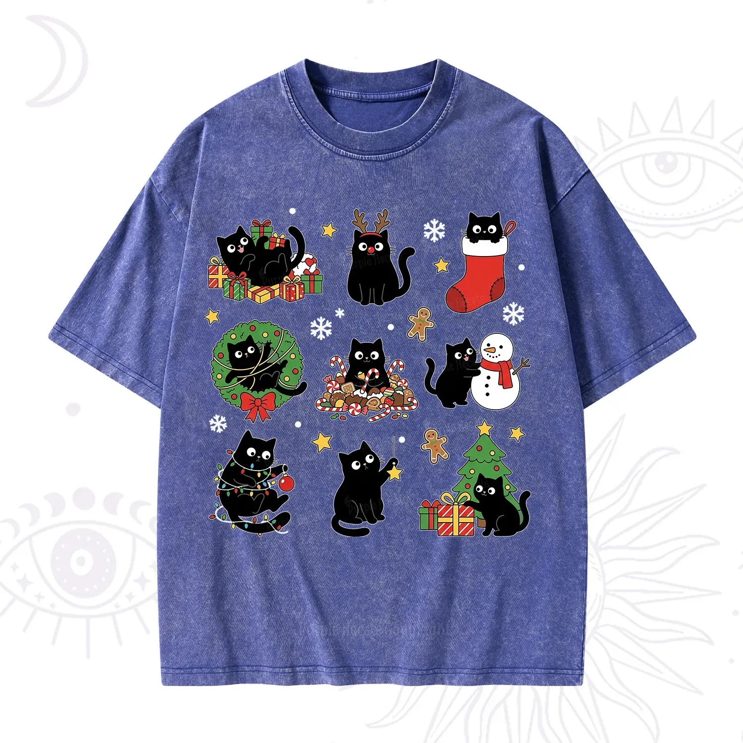 Purplehecate Christmas Black Cat Washed T-Shirt