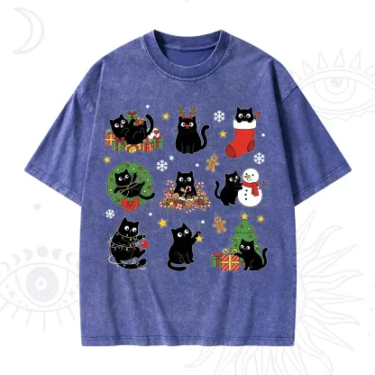Purplehecate Christmas Black Cat Washed T-Shirt