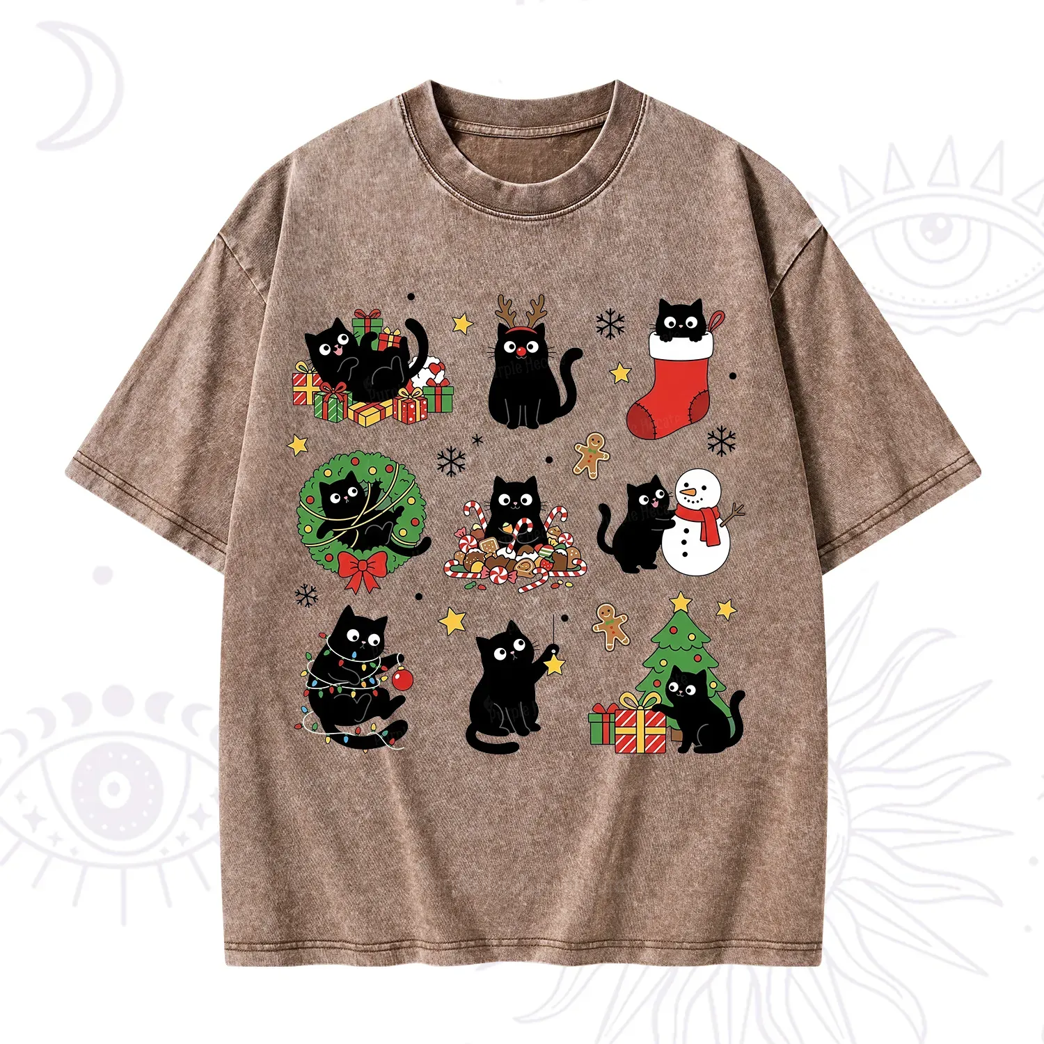 Purplehecate Christmas Black Cat Washed T-Shirt