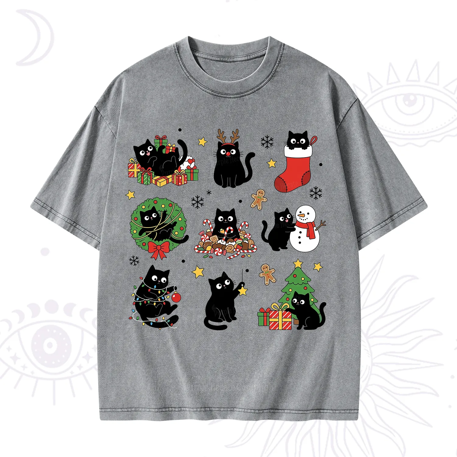 Purplehecate Christmas Black Cat Washed T-Shirt
