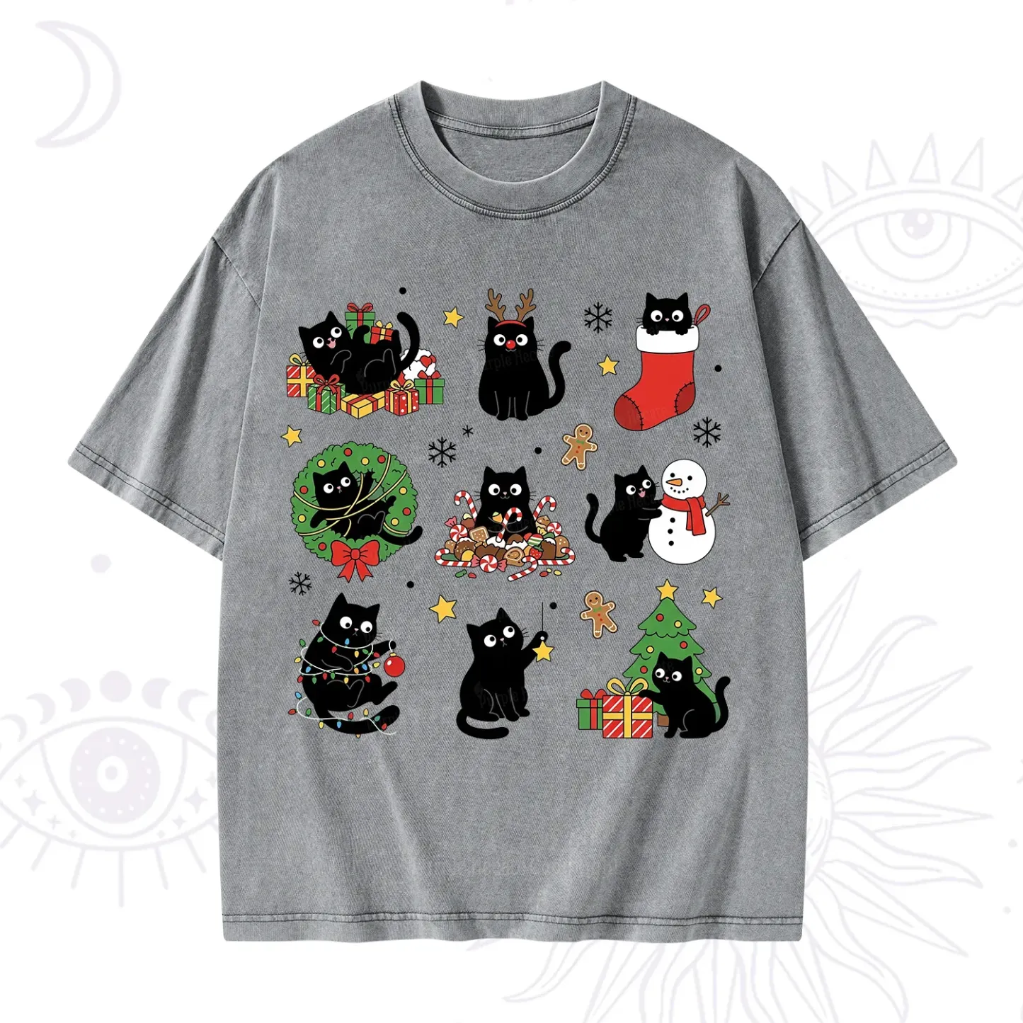 Purplehecate Christmas Black Cat Washed T-Shirt