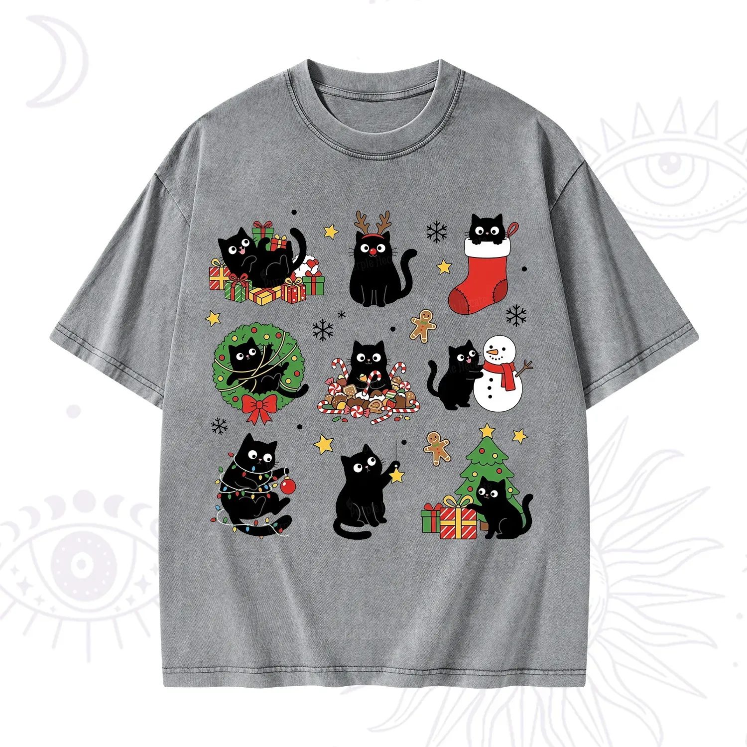 Purplehecate Christmas Black Cat Washed T-Shirt