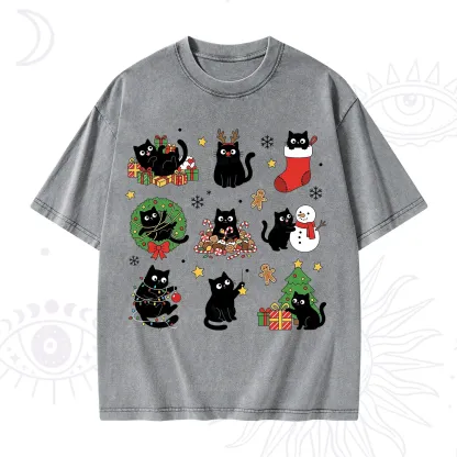 Purplehecate Christmas Black Cat Washed T-Shirt