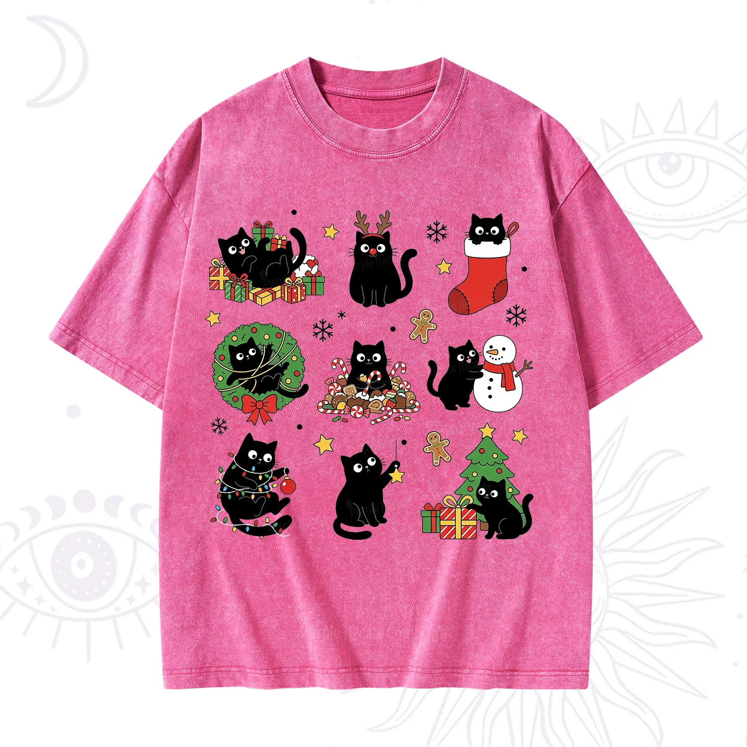 Purplehecate Christmas Black Cat Washed T-Shirt