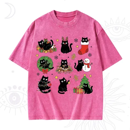 Purplehecate Christmas Black Cat Washed T-Shirt