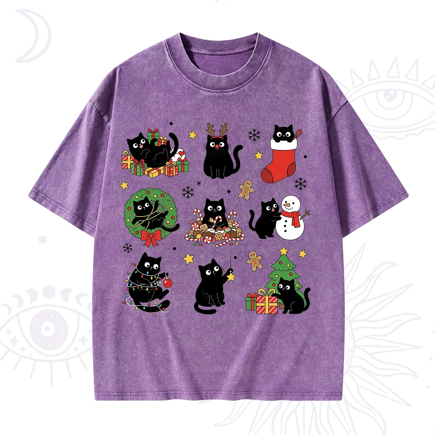Purplehecate Christmas Black Cat Washed T-Shirt