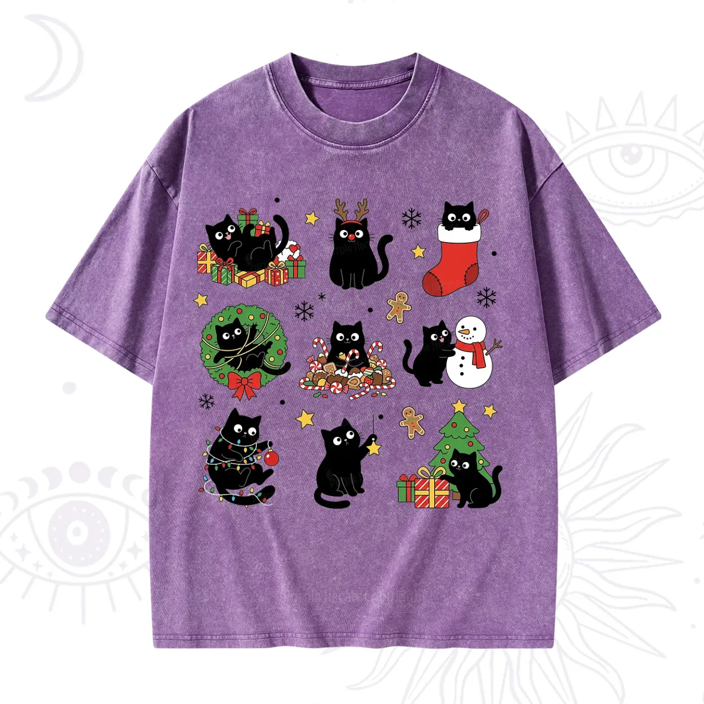 Purplehecate Christmas Black Cat Washed T-Shirt