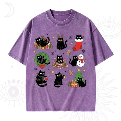 Purplehecate Christmas Black Cat Washed T-Shirt