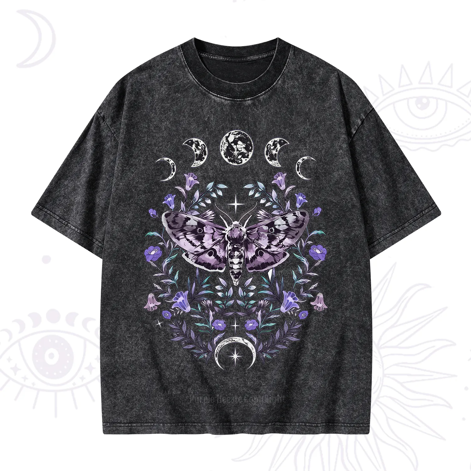 Purplehecate Gothic Mysterious Moth with Moon Washed T-Shirt