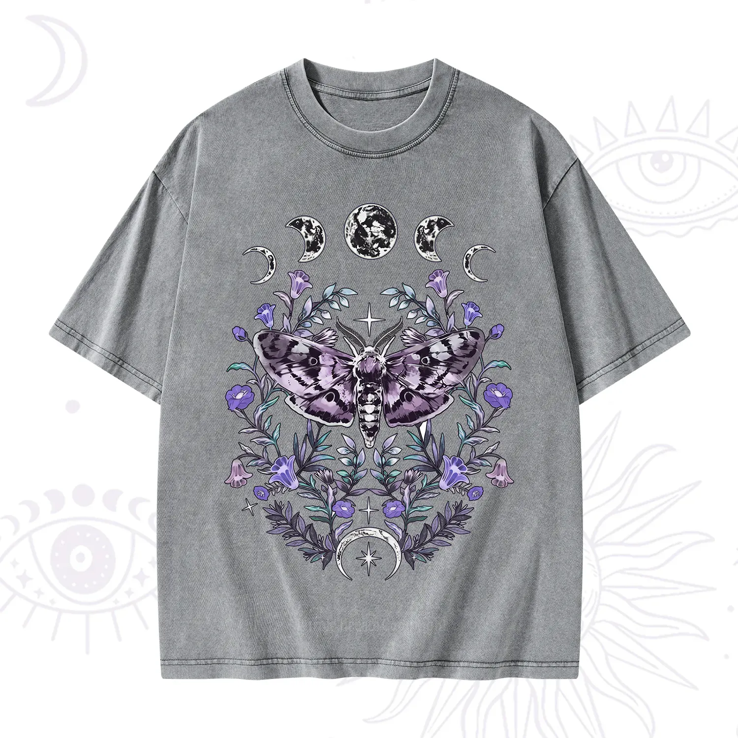 Purplehecate Gothic Mysterious Moth with Moon Washed T-Shirt
