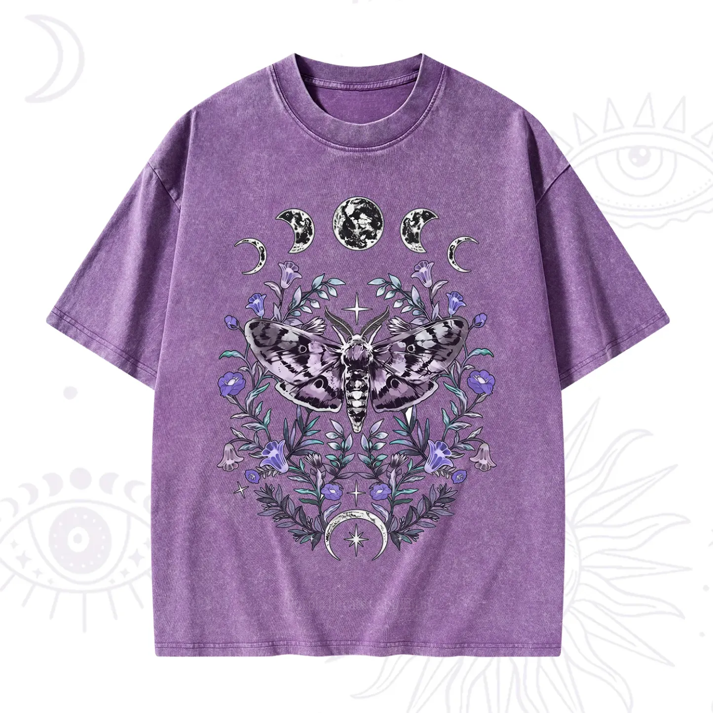 Purplehecate Gothic Mysterious Moth with Moon Washed T-Shirt