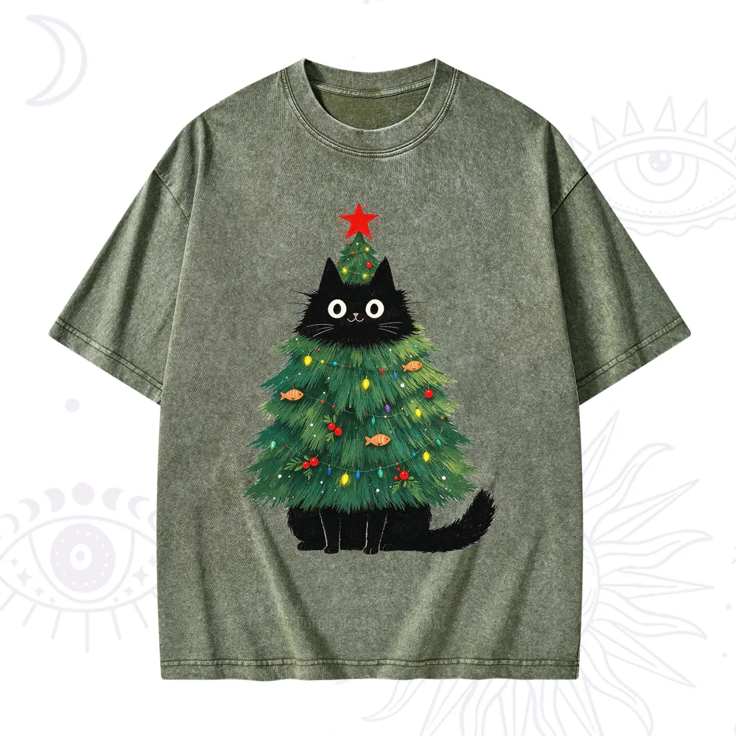 Purplehecate Black Cat Christmas Tree Washed T-Shirt