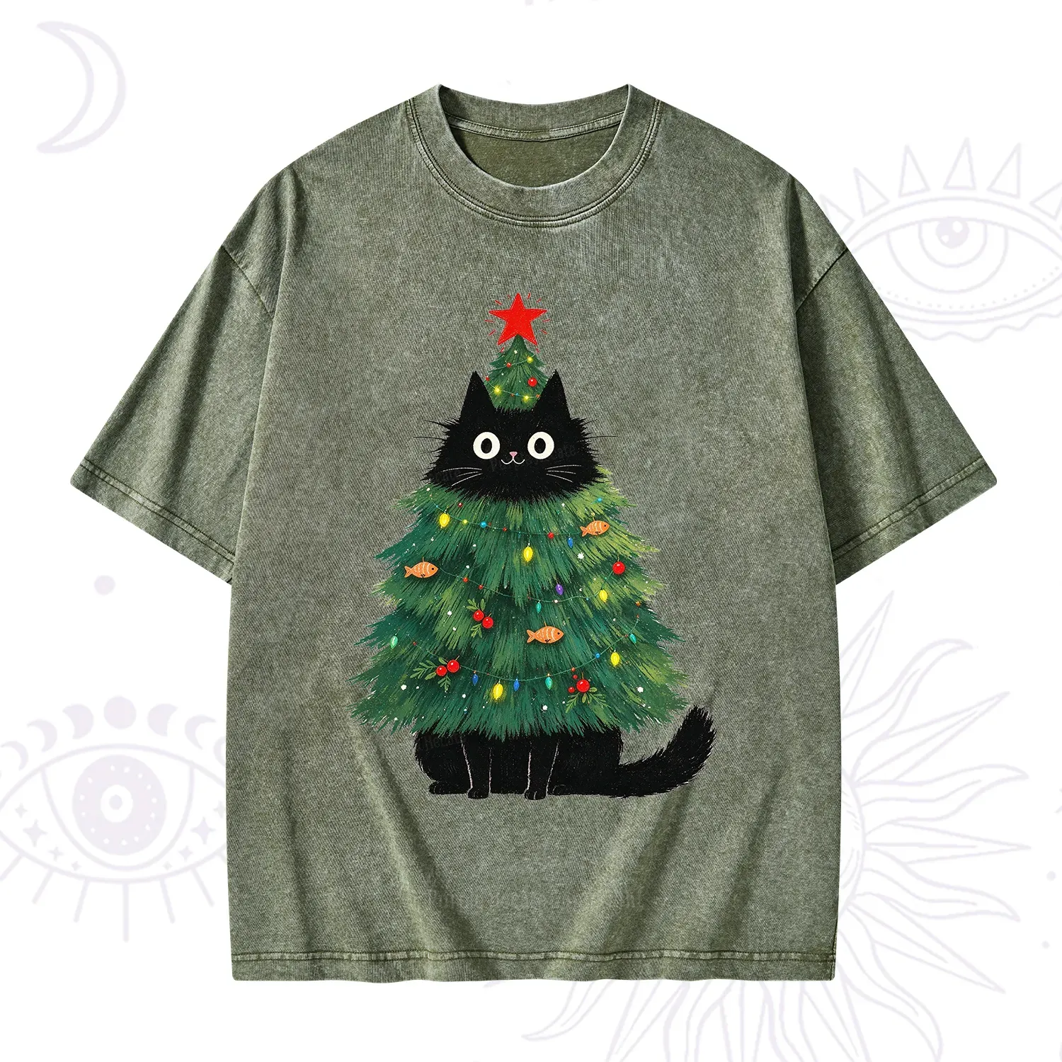 Purplehecate Black Cat Christmas Tree Washed T-Shirt