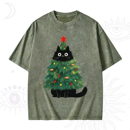Purplehecate Black Cat Christmas Tree Washed T-Shirt