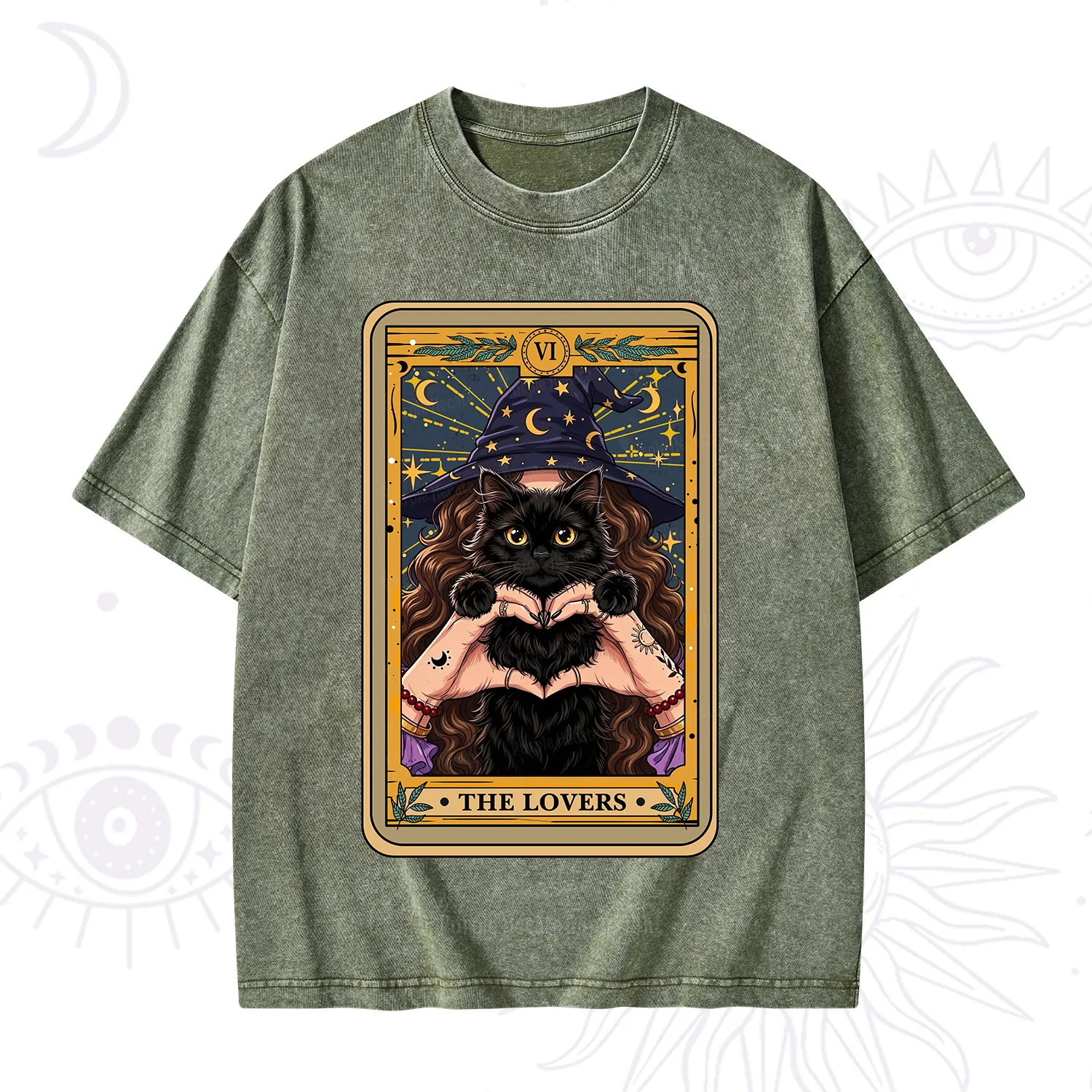 Purplehecate The Lover Tarot Witch Cat Washed T-Shirt