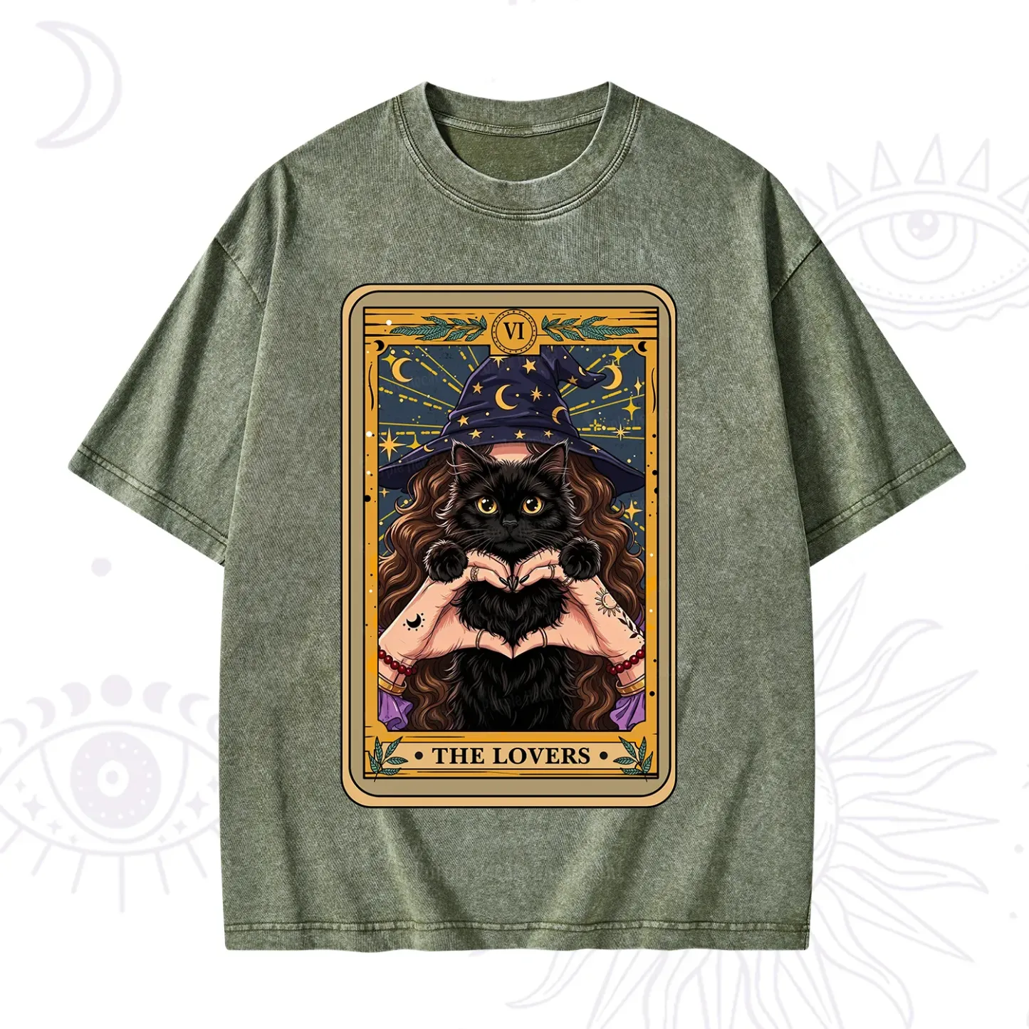 Purplehecate The Lover Tarot Witch Cat Washed T-Shirt