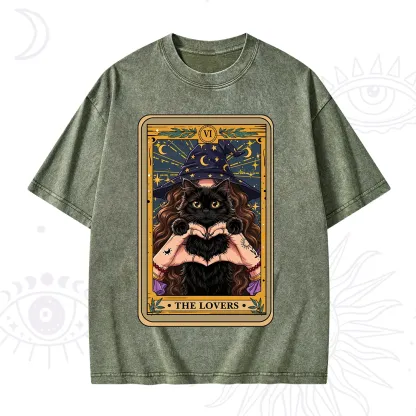 Purplehecate The Lover Tarot Witch Cat Washed T-Shirt