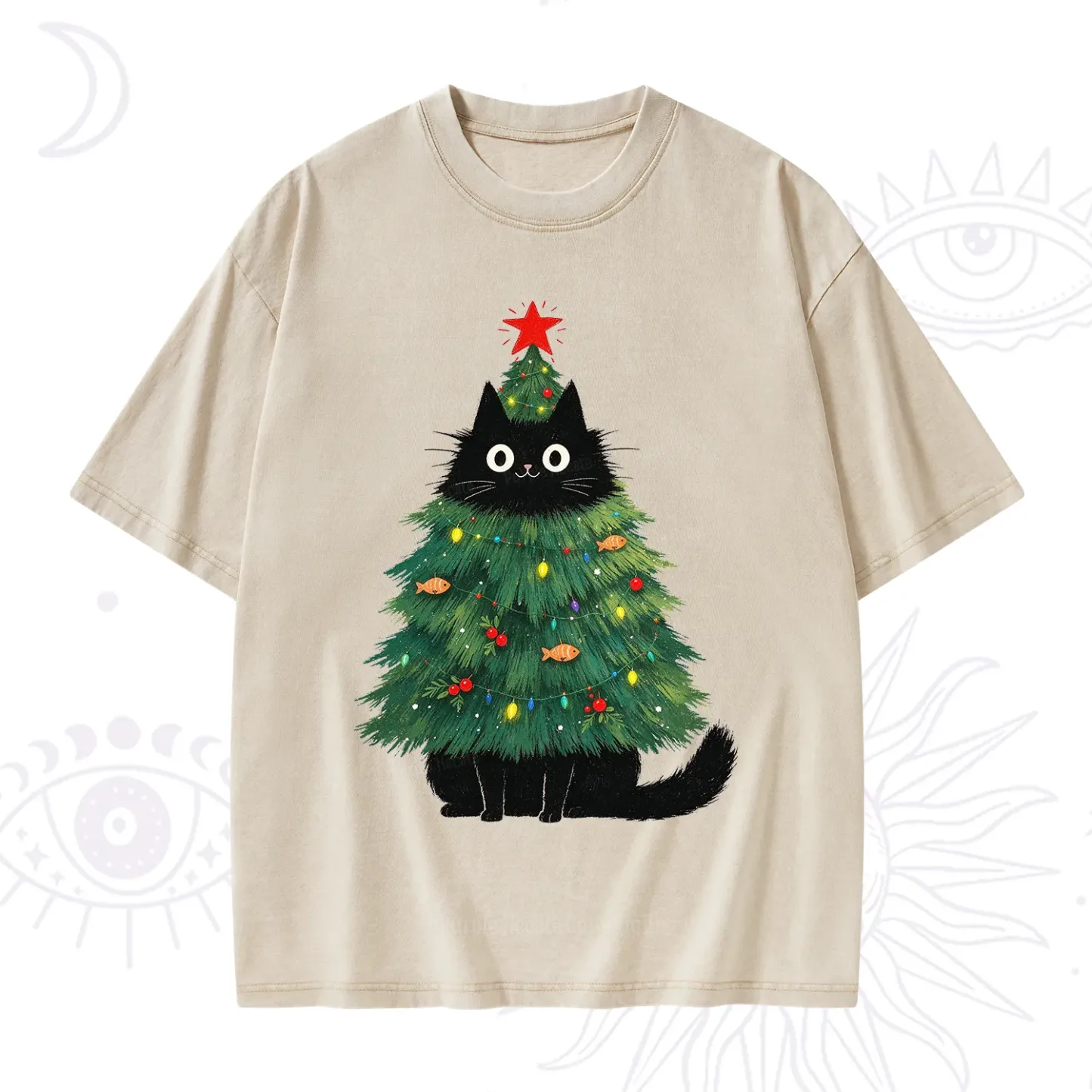 Purplehecate Black Cat Christmas Tree Washed T-Shirt