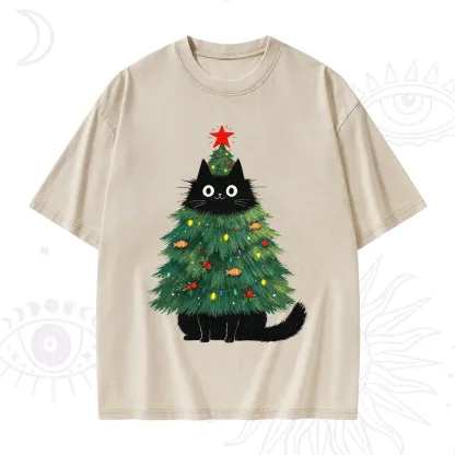 Purplehecate Black Cat Christmas Tree Washed T-Shirt