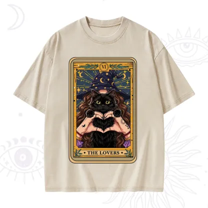Purplehecate The Lover Tarot Witch Cat Washed T-Shirt