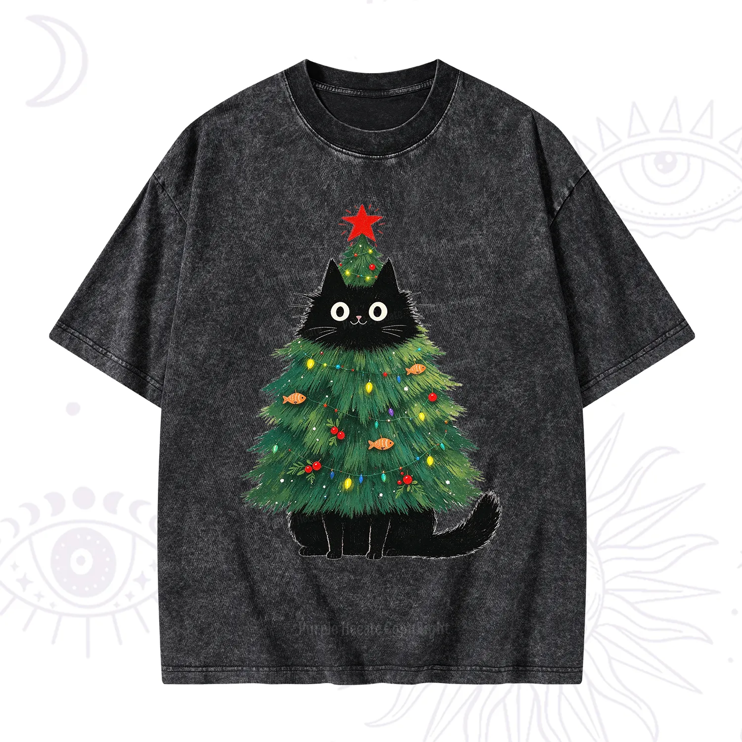 Purplehecate Black Cat Christmas Tree Washed T-Shirt