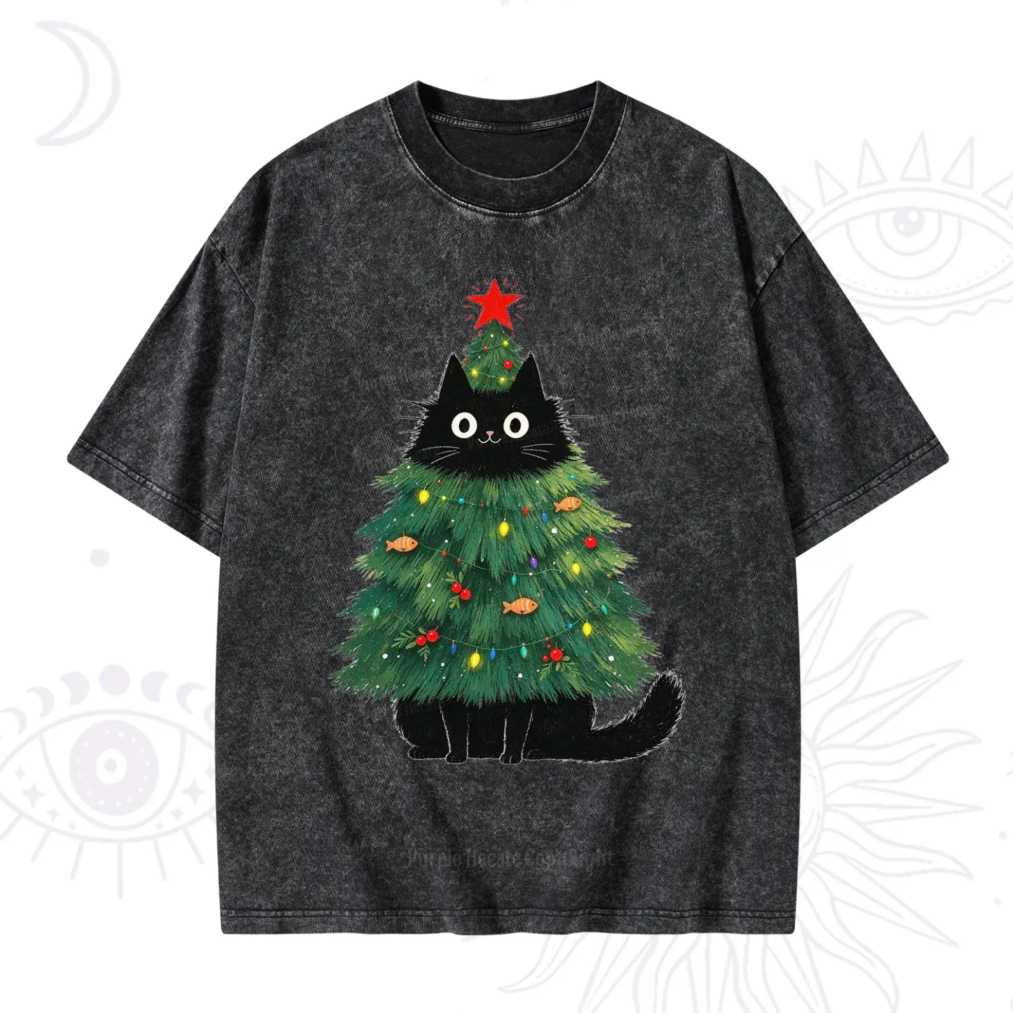 Purplehecate Black Cat Christmas Tree Washed T-Shirt