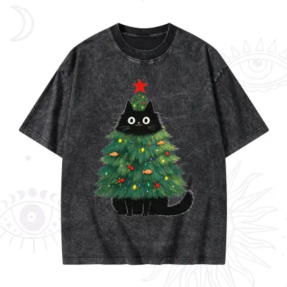 Purplehecate Black Cat Christmas Tree Washed T-Shirt