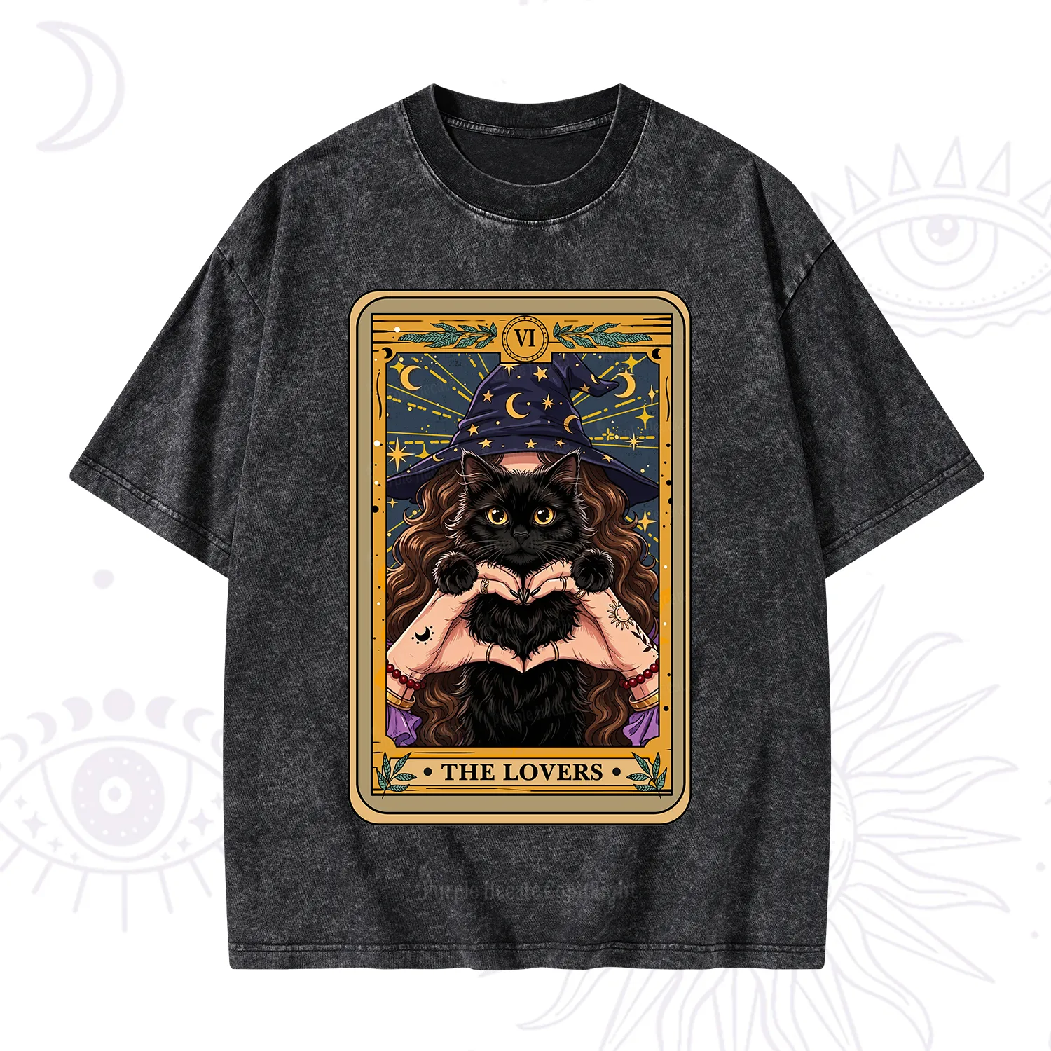 Purplehecate The Lover Tarot Witch Cat Washed T-Shirt