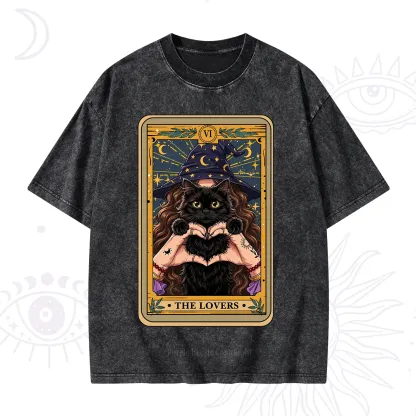 Purplehecate The Lover Tarot Witch Cat Washed T-Shirt