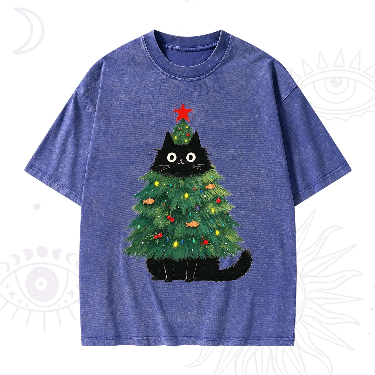 Purplehecate Black Cat Christmas Tree Washed T-Shirt
