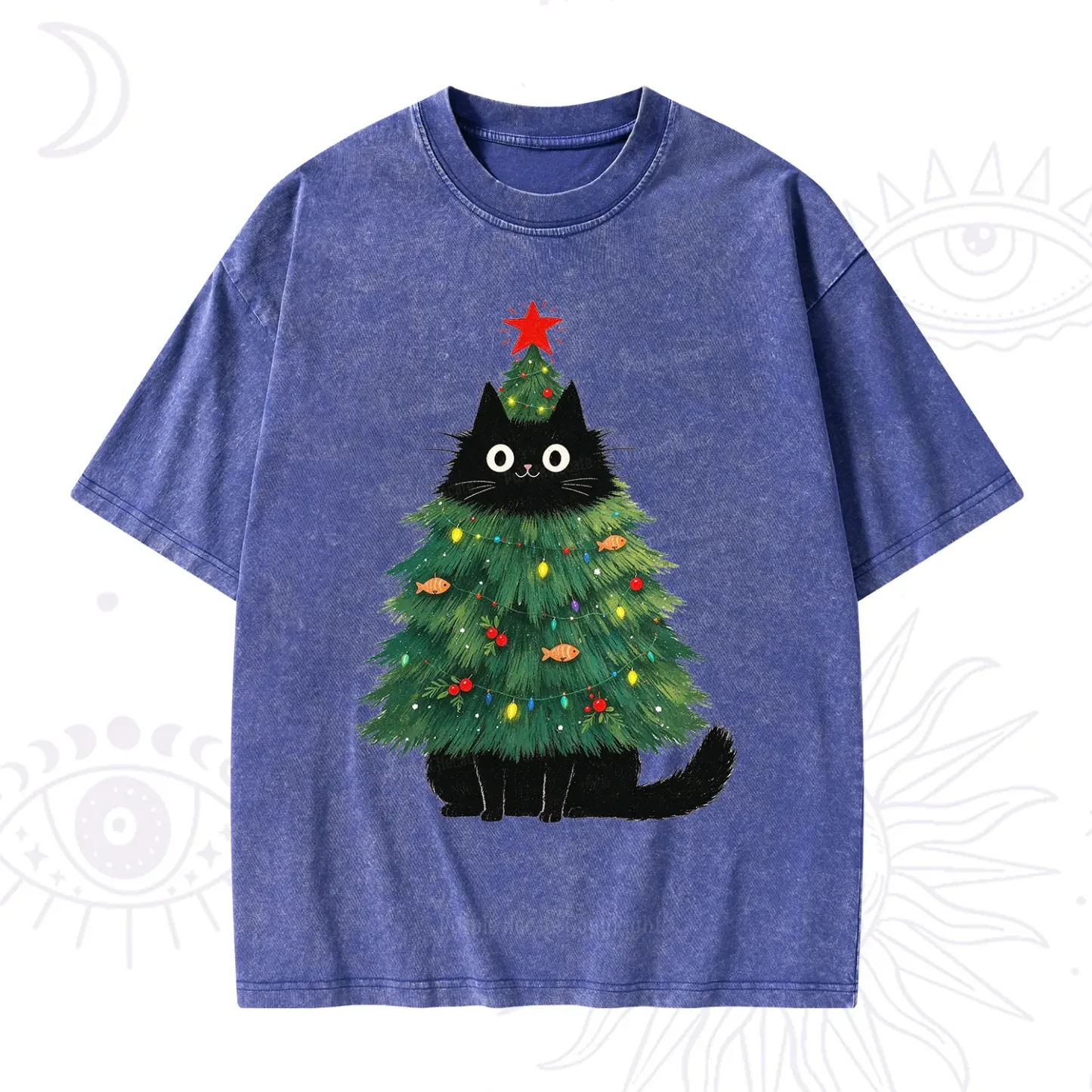 Purplehecate Black Cat Christmas Tree Washed T-Shirt