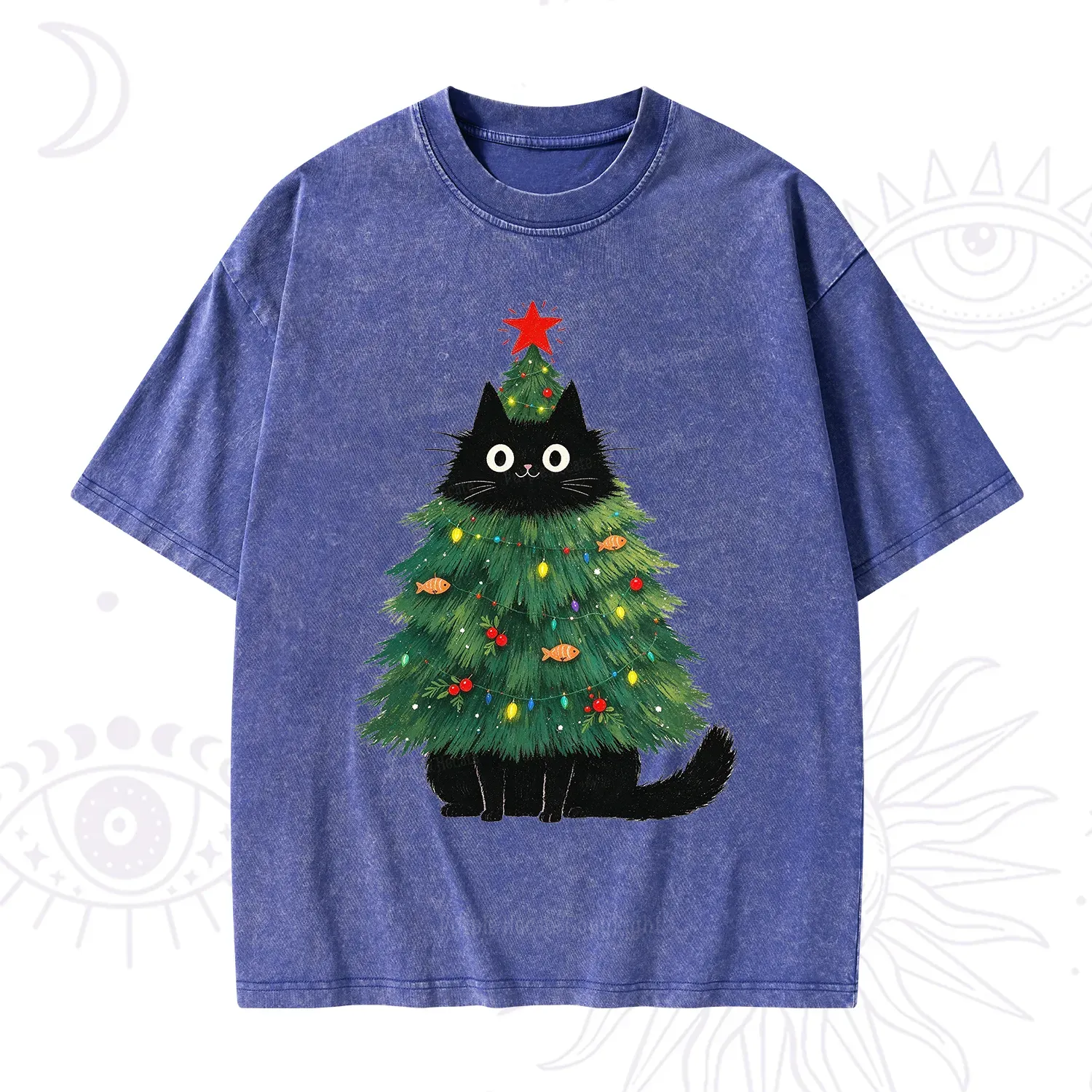 Purplehecate Black Cat Christmas Tree Washed T-Shirt