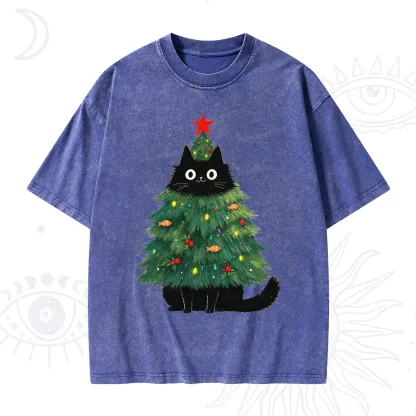 Purplehecate Black Cat Christmas Tree Washed T-Shirt
