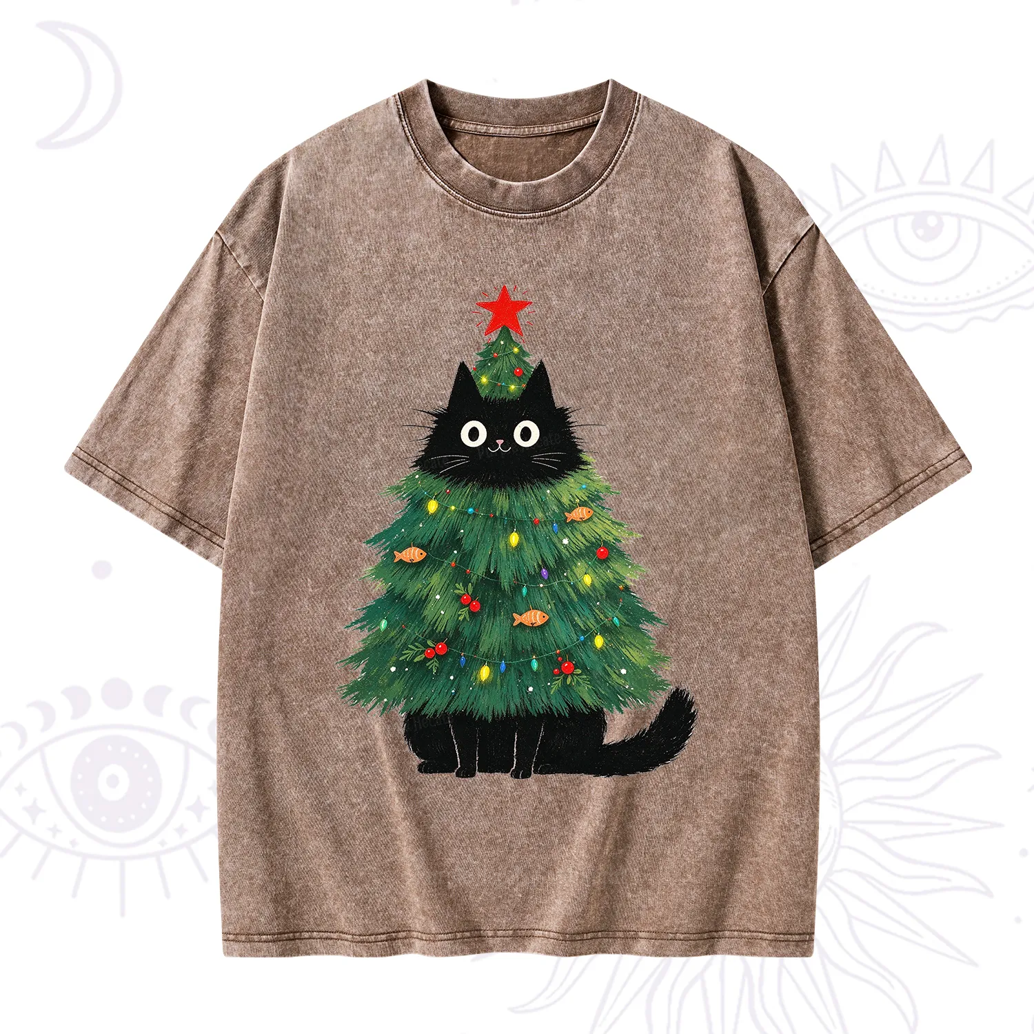 Purplehecate Black Cat Christmas Tree Washed T-Shirt
