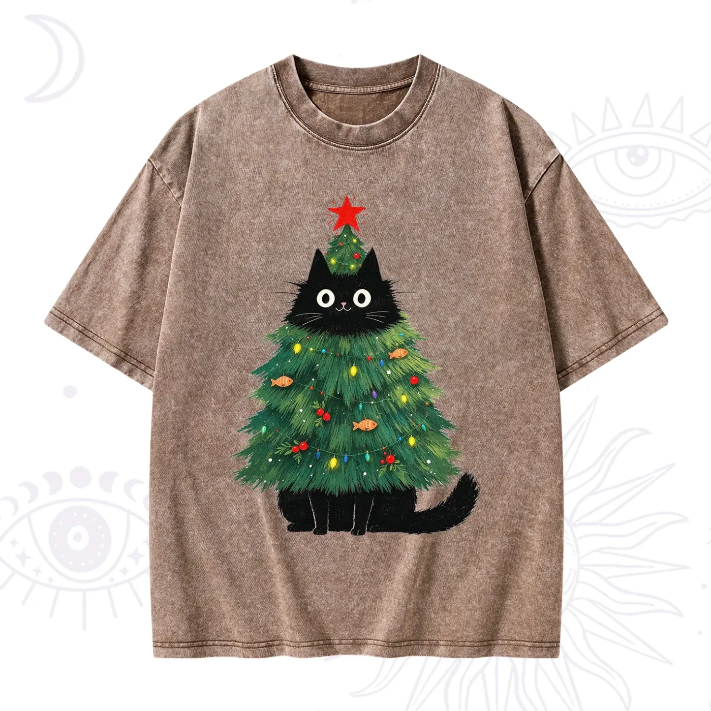 Purplehecate Black Cat Christmas Tree Washed T-Shirt