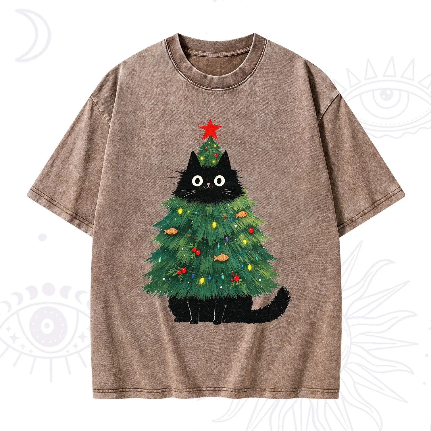 Purplehecate Black Cat Christmas Tree Washed T-Shirt