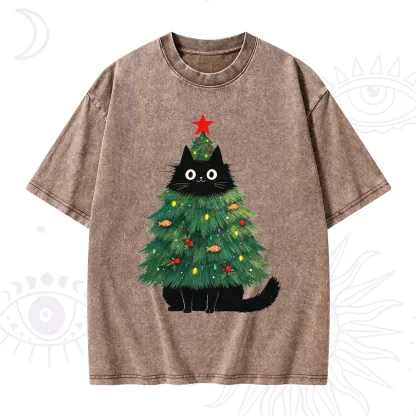 Purplehecate Black Cat Christmas Tree Washed T-Shirt