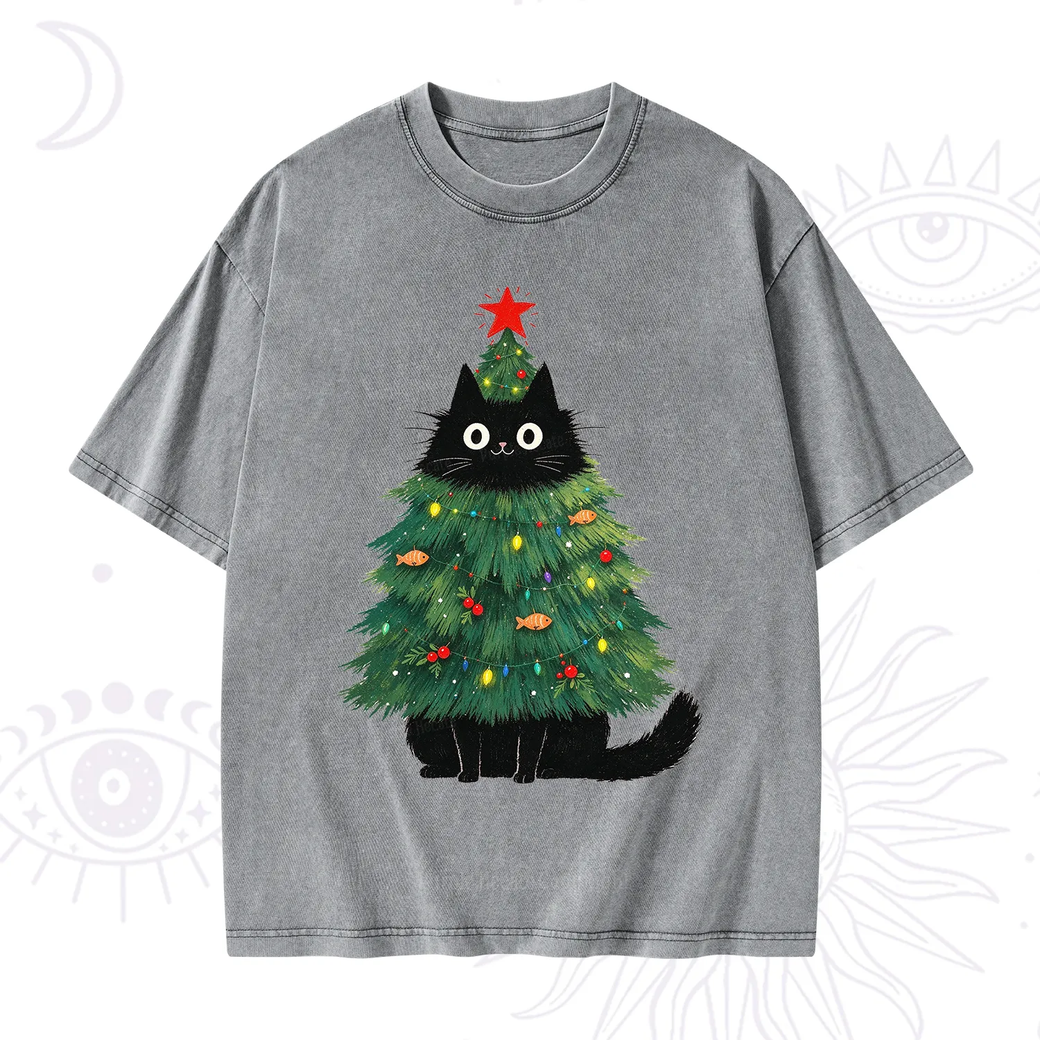 Purplehecate Black Cat Christmas Tree Washed T-Shirt