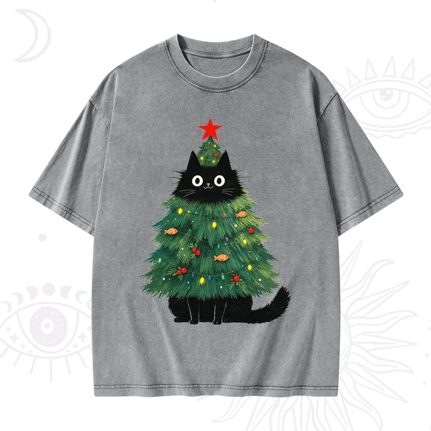 Purplehecate Black Cat Christmas Tree Washed T-Shirt