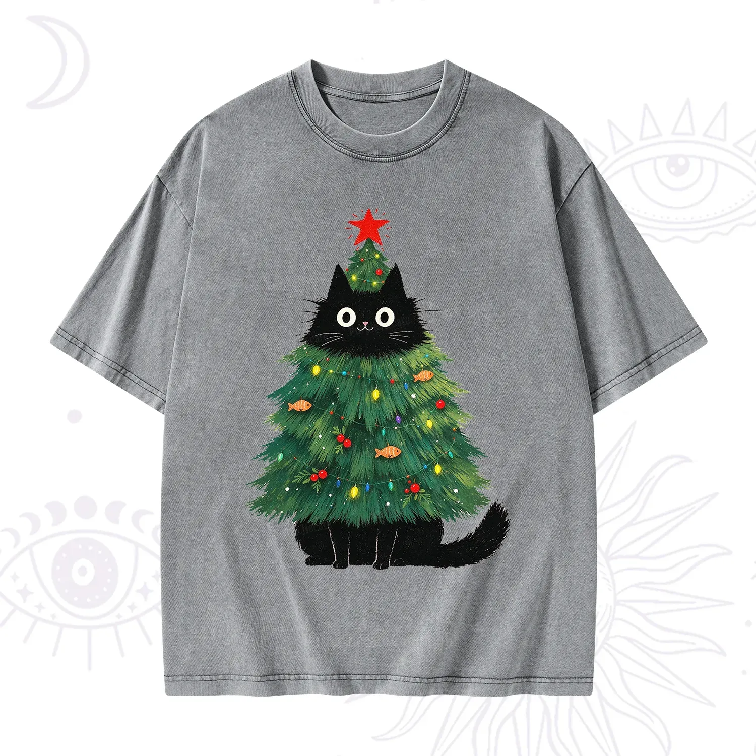 Purplehecate Black Cat Christmas Tree Washed T-Shirt