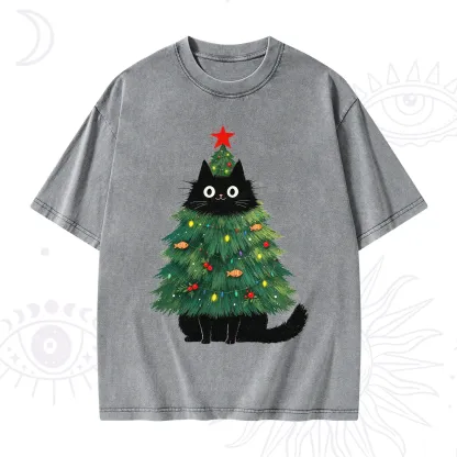 Purplehecate Black Cat Christmas Tree Washed T-Shirt