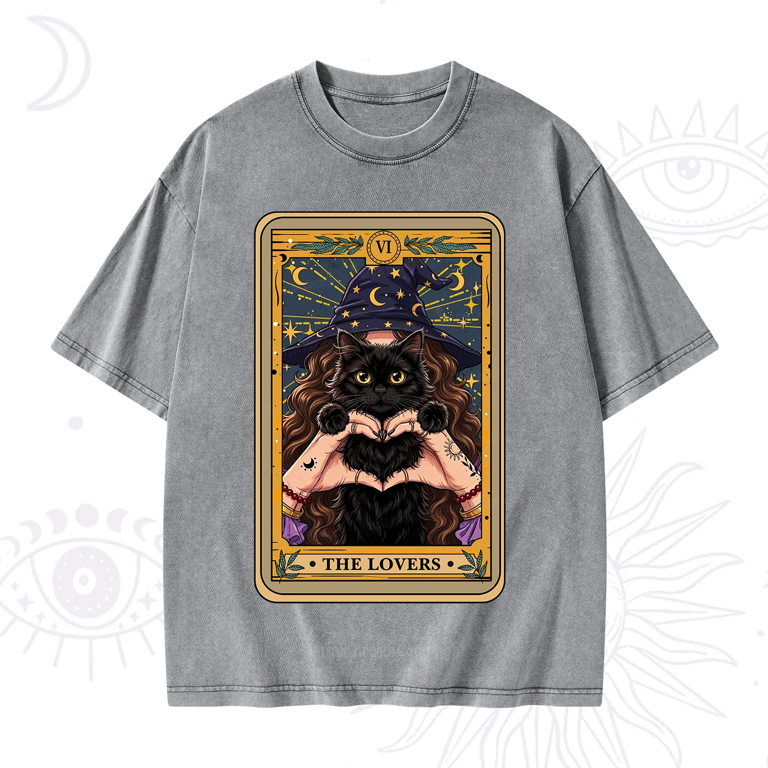 Purplehecate The Lover Tarot Witch Cat Washed T-Shirt