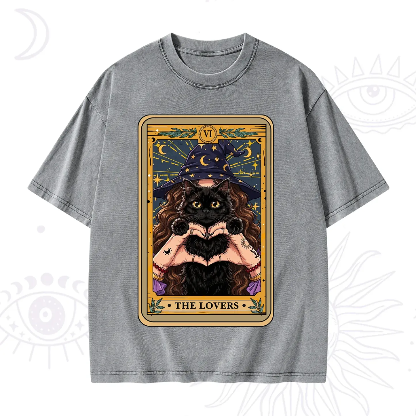 Purplehecate The Lover Tarot Witch Cat Washed T-Shirt
